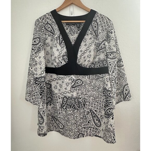 Blue Diamond Tops - Blue Diamond Plus Babydoll Tunic Top Womens‎ 18W B/W Paisley Boho Office Work